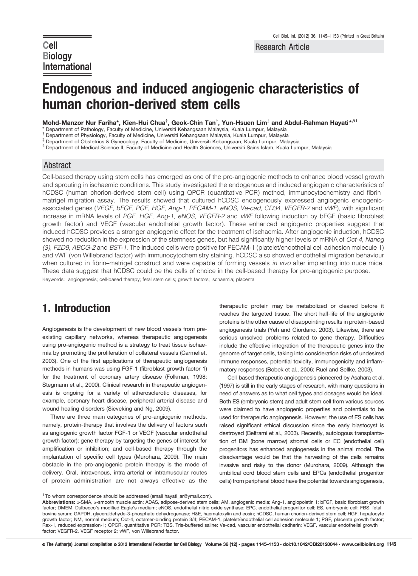 Endogenous and induced vasculogenic properties of human chorionic mesenchymal stem cells