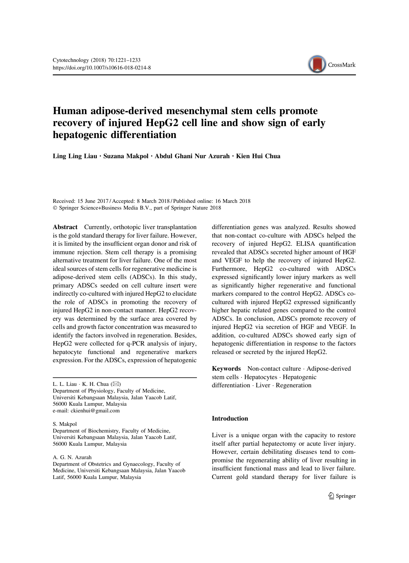 Human adipose mesenchymal stem cells promote recovery of damaged HepG2 cell line and show early signs of hepatic differentiation