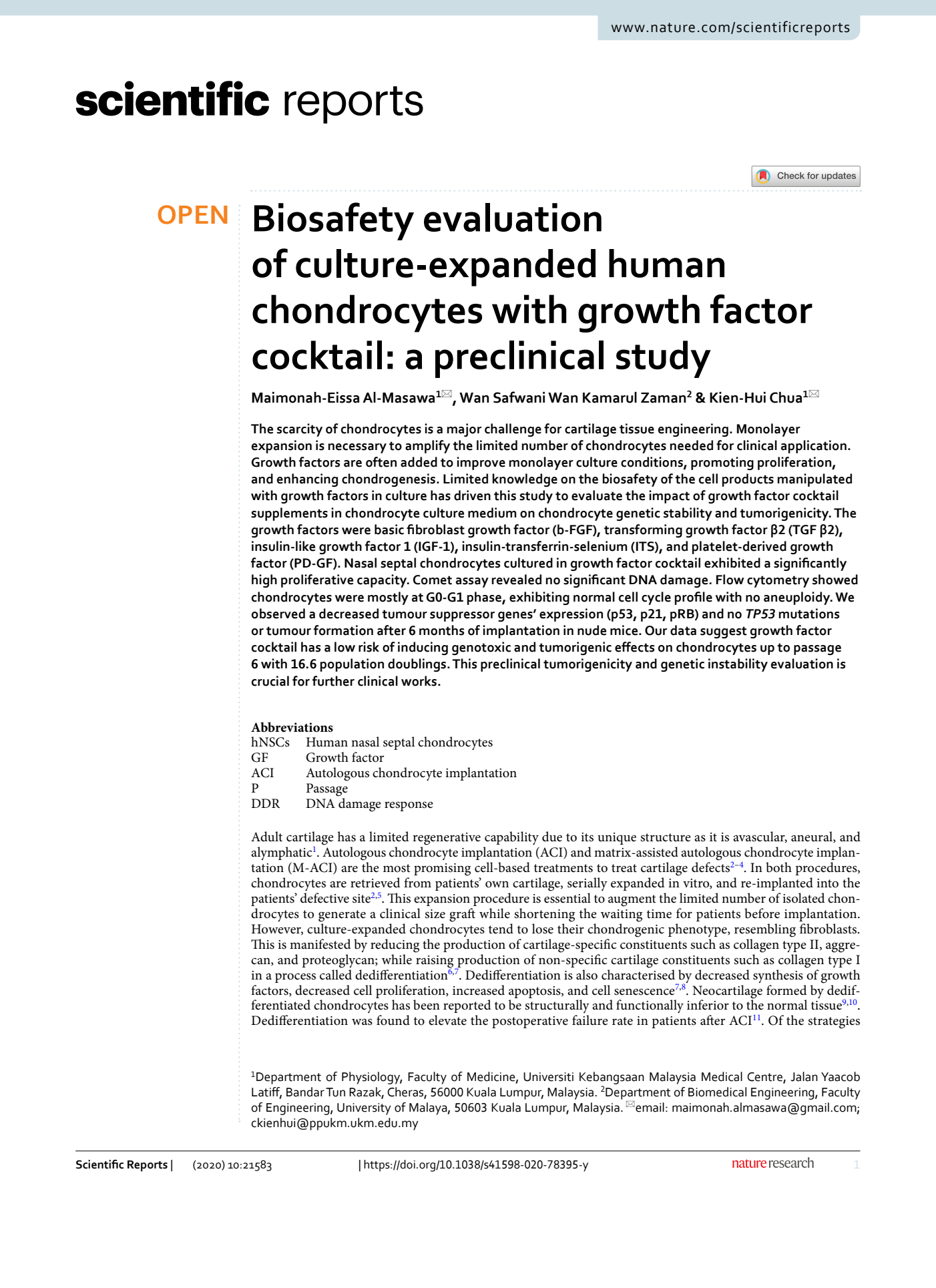 Safety evaluation of human chondrocytes cultured and expanded with growth factor mixture