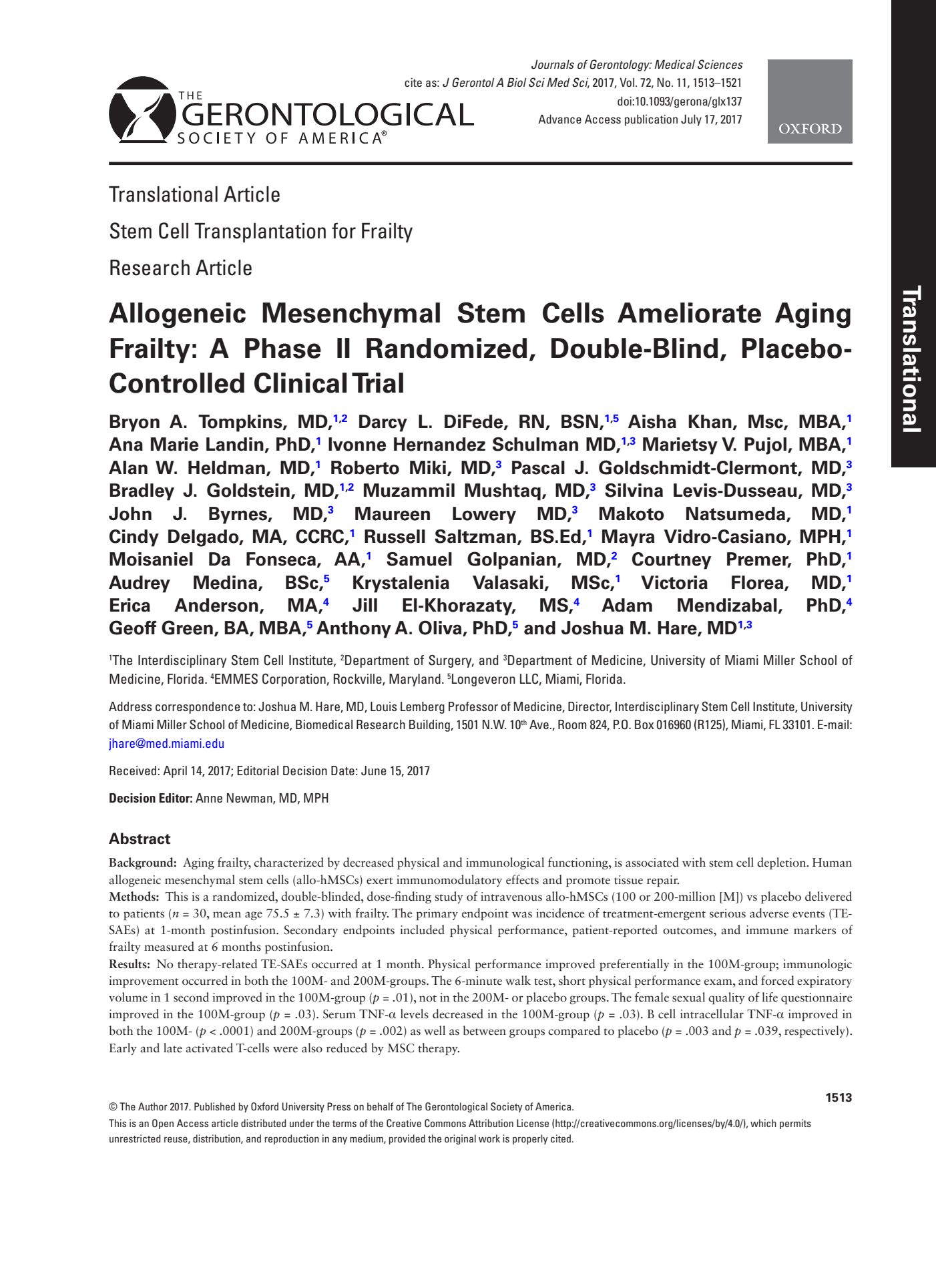 Allogeneic mesenchymal stem cells improve aging frailty