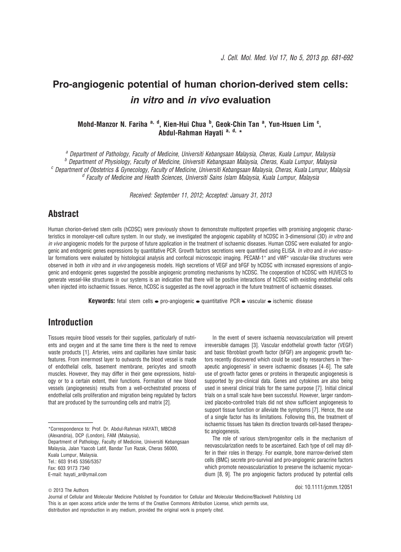 Assessment of angiogenic potential of human chorionic mesenchymal stem cells